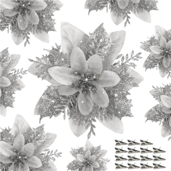 15 PCS Silver Poinsettia Flower Artificial Poinsettia with Clips Christmas Decor - Picture 1 of 7